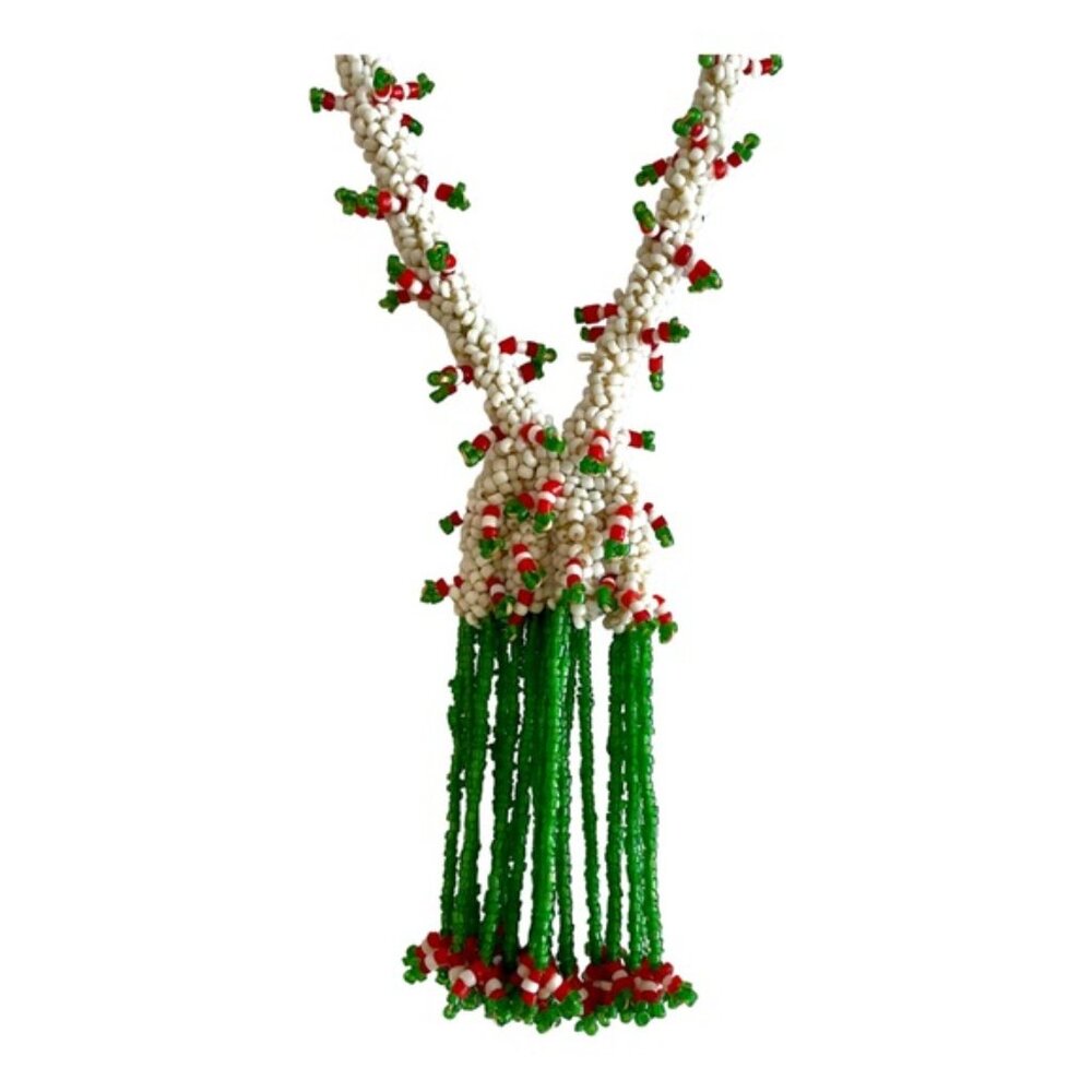 Multi Strand Red, Green, White Beaded Tassel Tribal Style Necklace 20” Drop - Picture 7 of 10